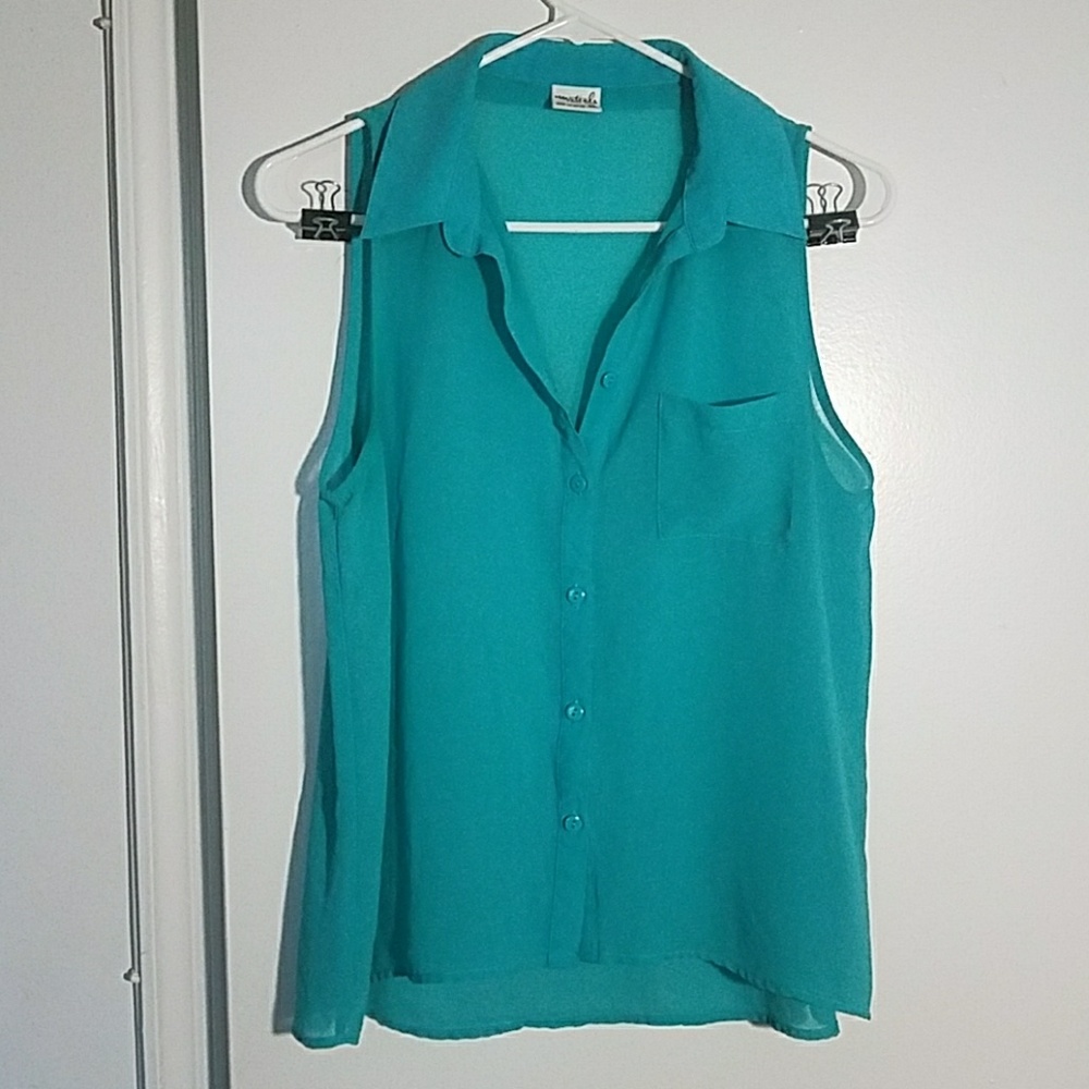Sleeveless Sheer Teal Button Down